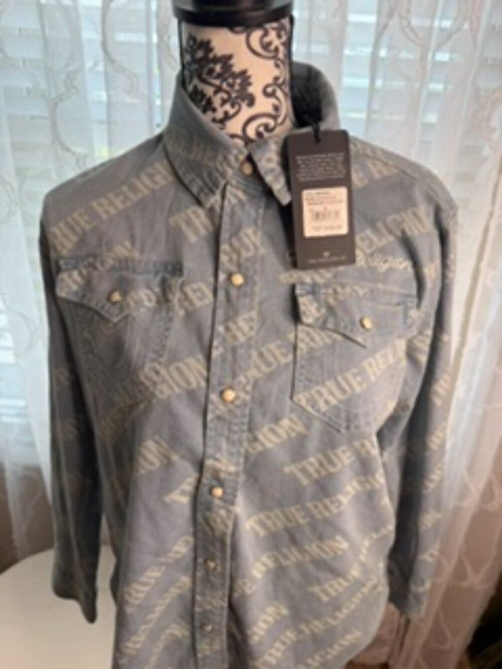 True Religion All Over Logo Denim Shirt Blue Button